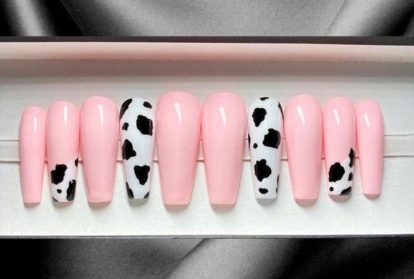 Glossy Light Pink Animal Print Press on Fake Artificial Nails / tns789