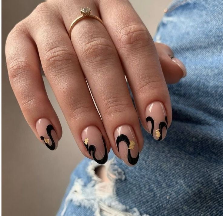 Glossy Nude Swirls Press on Fake Artificial Nails / tns673