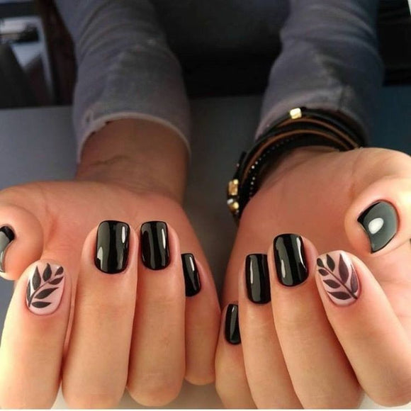 Glossy Black Floral Press on Fake Artificial Nails / tns560