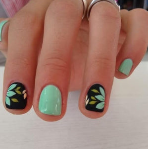 Glossy Green and Black Floral Press on Fake Artificial Nails / tns544