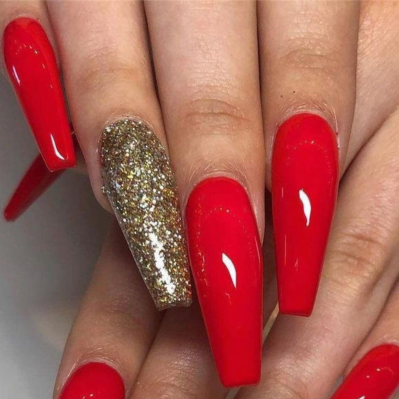 Glossy Red Glitter Press on Fake Artificial Nails / tns530
