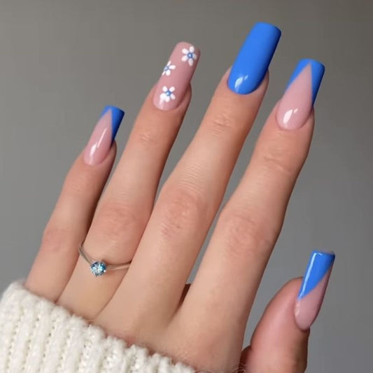 Glossy Blue Floral French Press on Fake Artificial Nails / tns784