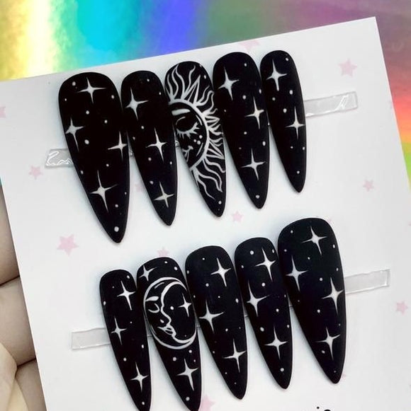 Matte Black Stars Press on Fake Artificial Nails / tns633