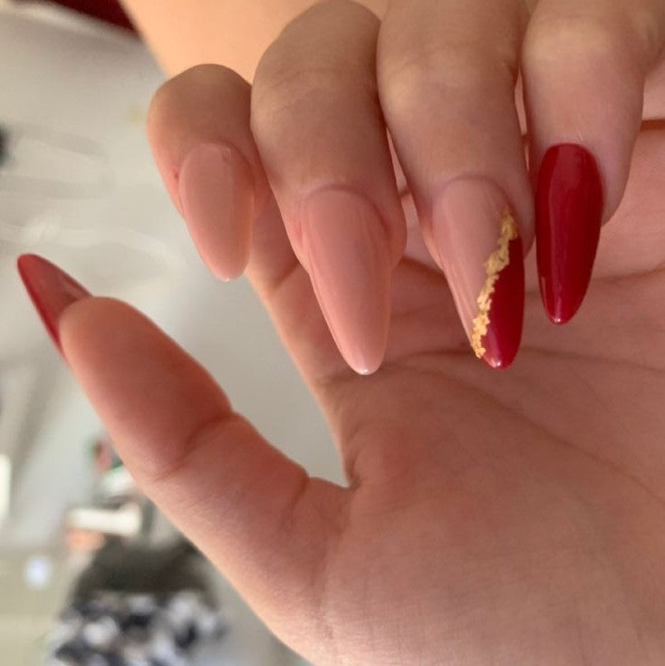 Glossy Red And Nude French Press on Fake Artificial Nails / tns674