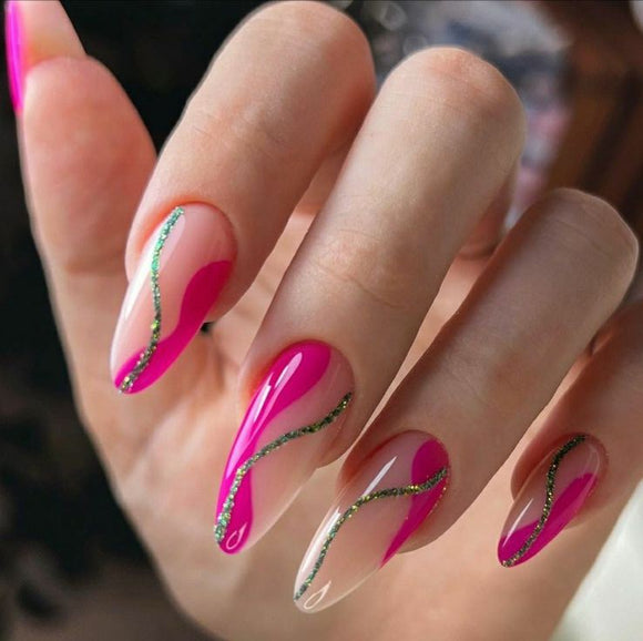 Glossy Pink Swirls Press on Fake Artificial Nails / tns681