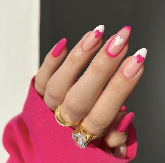 Glossy Pink French Hearts Press on Fake Artificial Nails / tns795