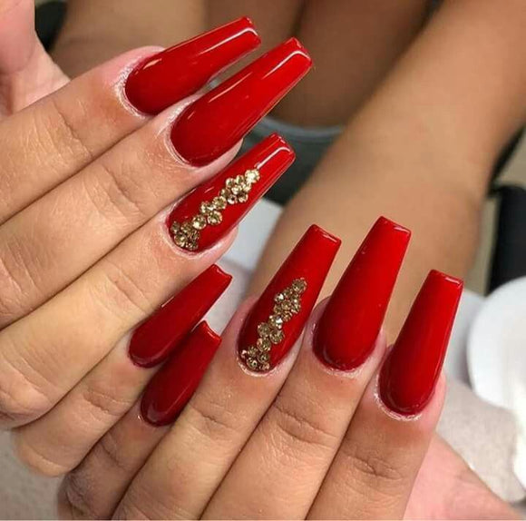 Glossy Red Studded Press on Fake Artificial Nails / tns524
