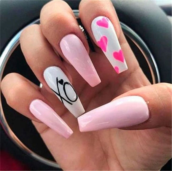 Glossy Light Pink Hearts Press on Fake Artificial Nails / tns796