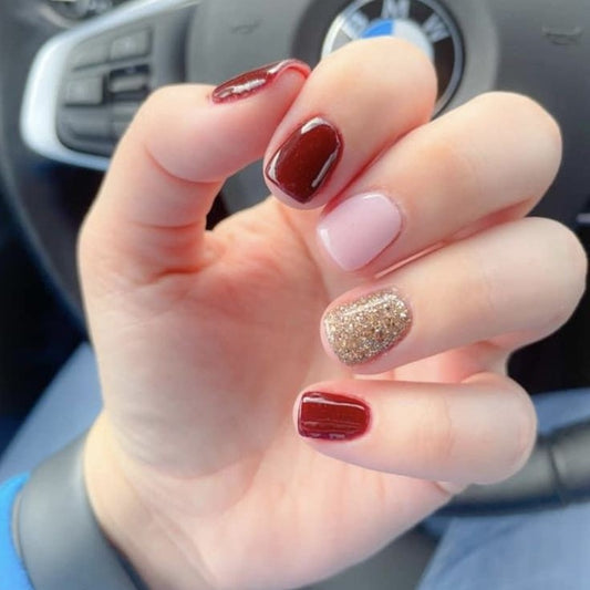 Glossy Maroon and Pink Glitter Press on Fake Artificial Nails / tns557