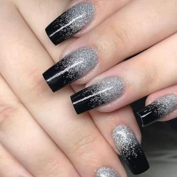 Glossy Black Glitter Ombre Press on Fake Artificial Nails / tns802