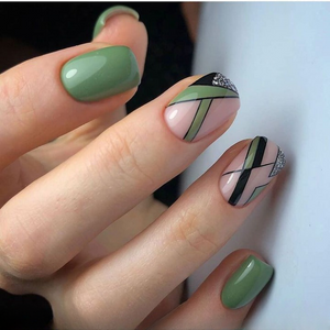 Glossy Green Geometric Press on Fake Artificial Nails / tns598