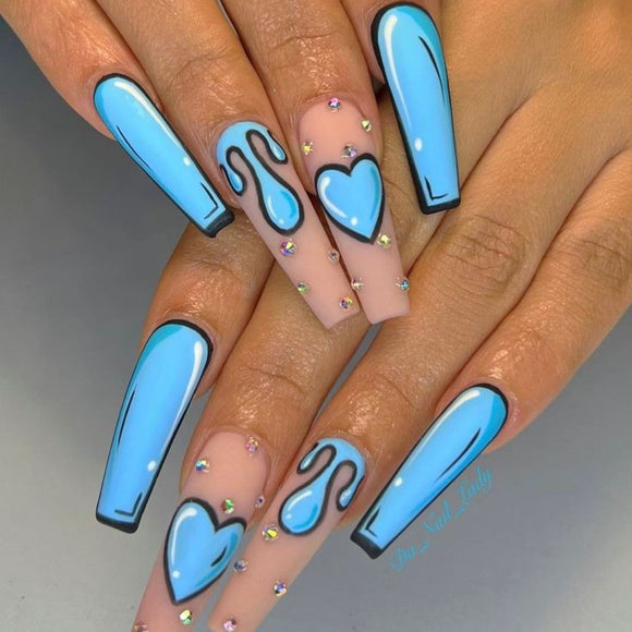 Matte Blue Cartoon Animated Press on Fake Artificial Nails / tns652