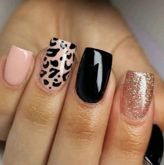 Glossy Light Pink Black Animal Print Press on Fake Artificial Nails / tns542