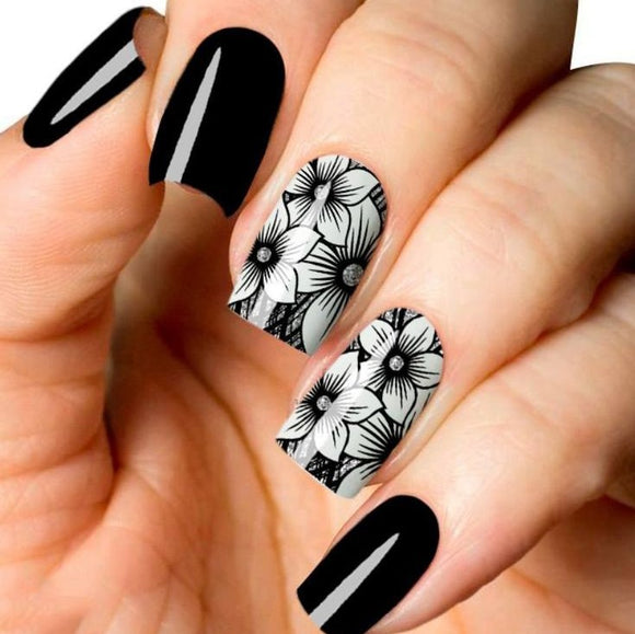 Glossy Black and White Floral Press on Fake Artificial Nails / tns548