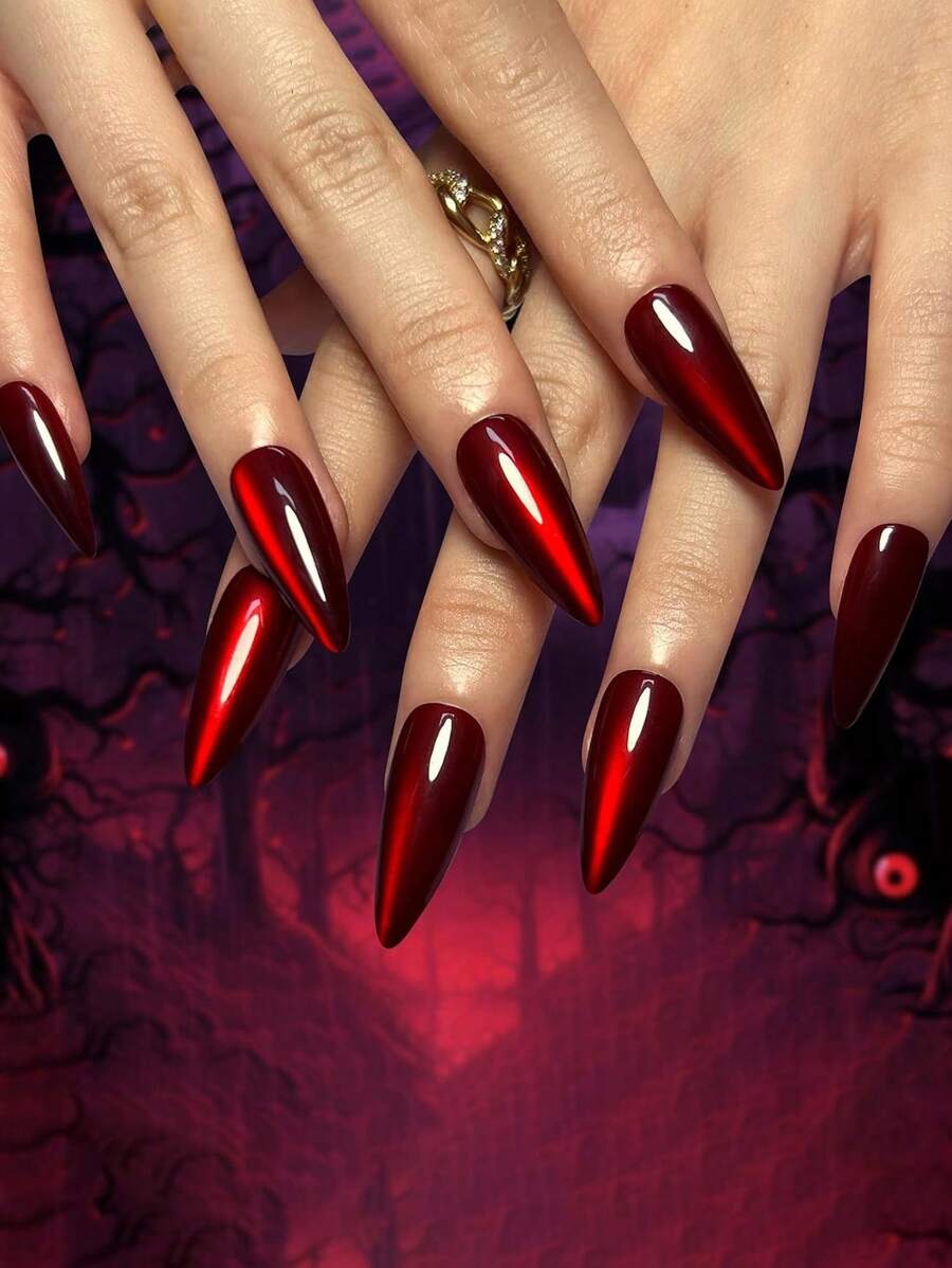 Red Cat Eye 3D Magnetic Press-On Nails Long Stiletto-10 Nails