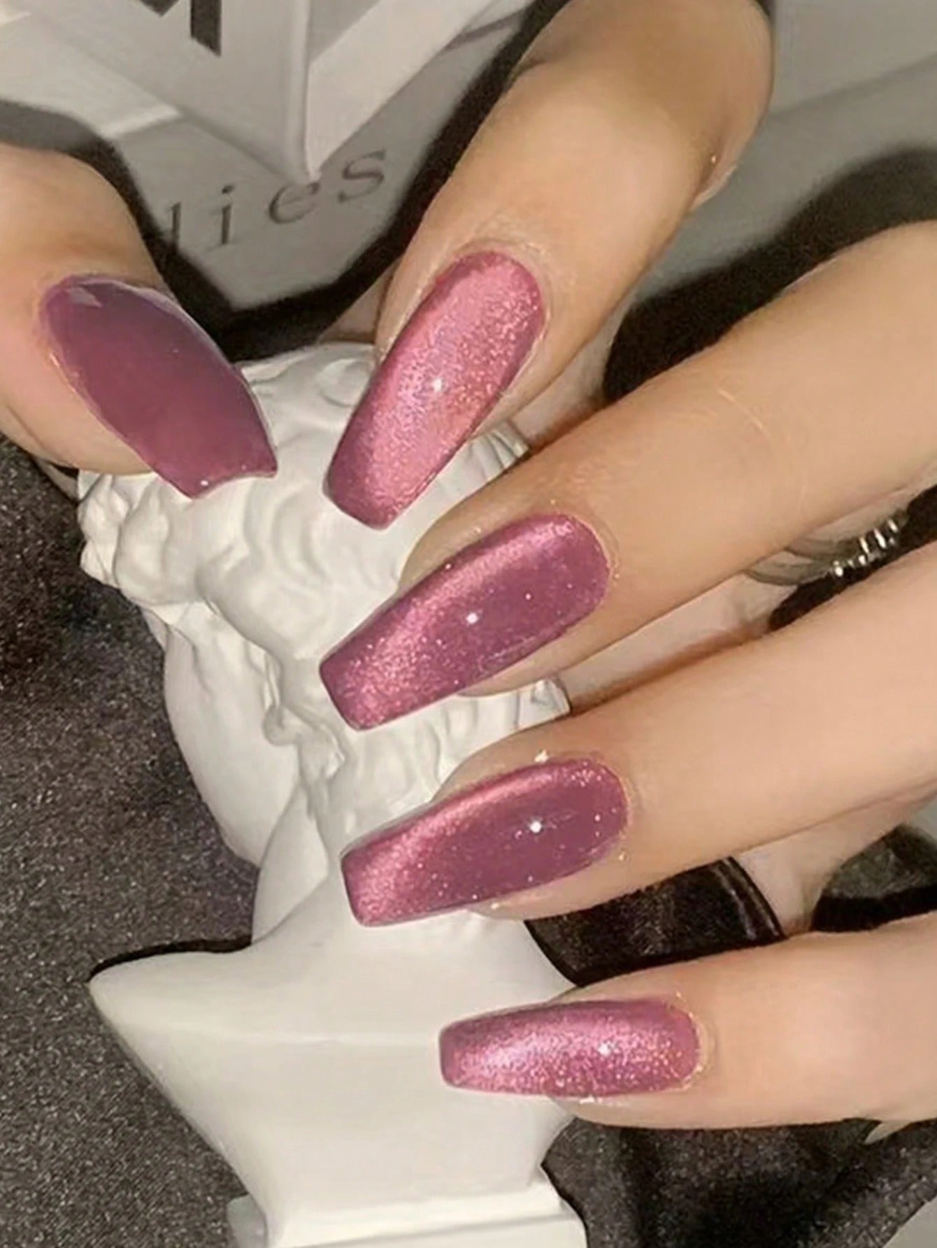 Light Pink Cat Eye 3D Magnetic Press On Fake Nails Ballerina