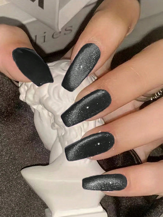 Black Cat Eye 3D Magnetic Press On Fake Nails Ballerina
