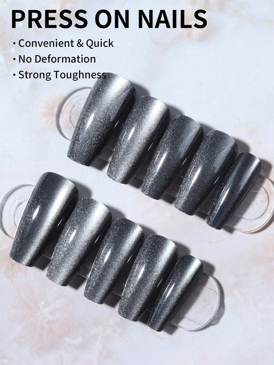 Black Cat Eye 3D Magnetic Press On Fake Nails Ballerina