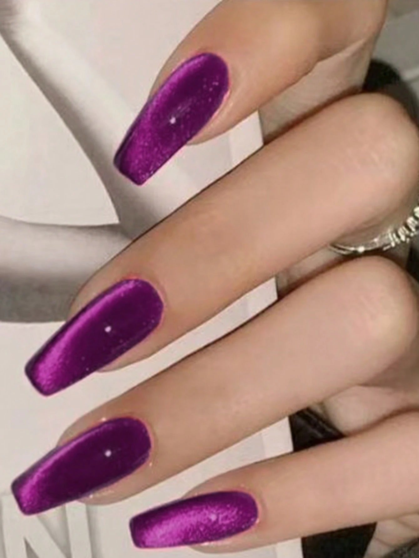 Purple Cat Eye 3D Magnetic Press On Fake Nails Ballerina