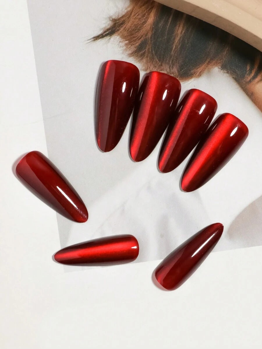 Red Cat Eye 3D Magnetic Press-On Nails Long Stiletto-10 Nails