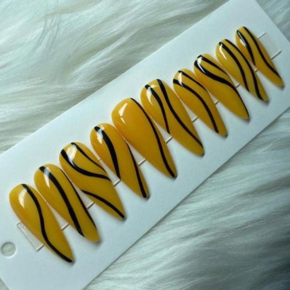 Glossy Yellow Swirls Press on Fake Artificial Nails / tns829