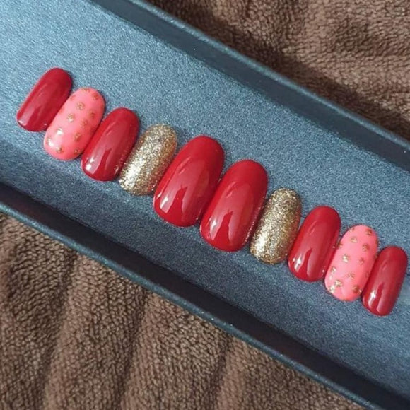Glossy Red Glitter Press on Fake Artificial Nails / tns830