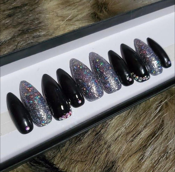 Glossy Black Studded Glitter Press on Fake Artificial Nails / tns832