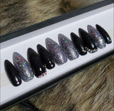 Glossy Black Studded Glitter Press on Fake Artificial Nails / tns832