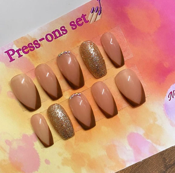 Glossy Nude Brown French Press on Fake Artificial Nails / tns833