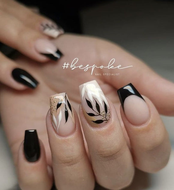 Glossy Black French Floral  Press on Fake Nails // tns444