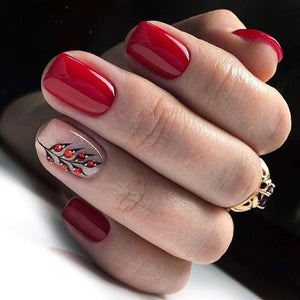 Glossy Red Studded Floral Press on Fake Nails // tns449