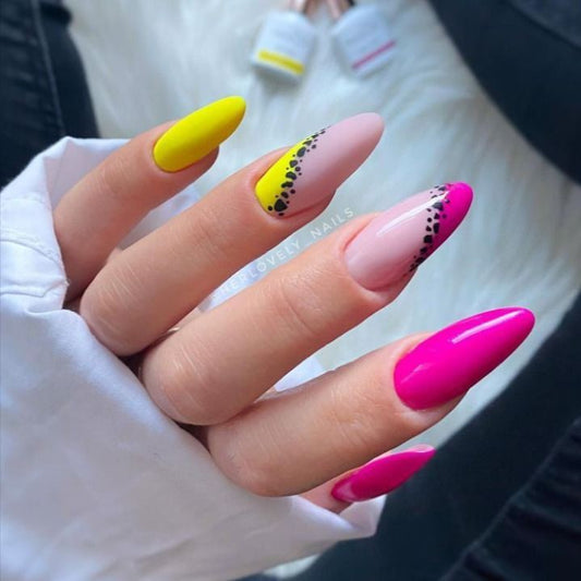 Glossy Pink and Yellow French Press on Fake Nails // tns474