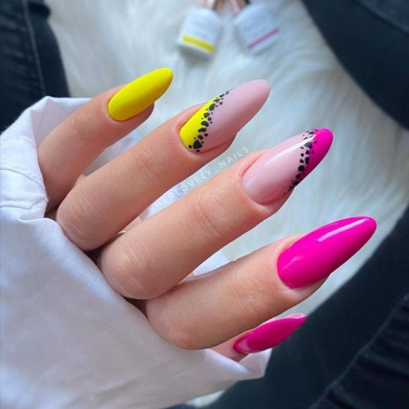 Glossy Pink and Yellow French Press on Fake Nails // tns474