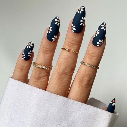 Matte Blue Floral Press on Fake Nails // tns185