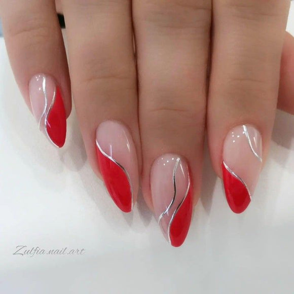 Glossy Red Swirls Press on Fake Nails // tns477