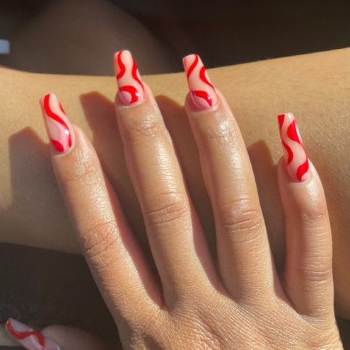 Glossy Red Swirls Press on Fake Nails // tns163