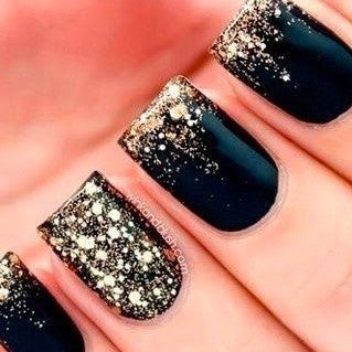 Glossy Black Golden Glitter Ombre Press on Fake Nails // tns164
