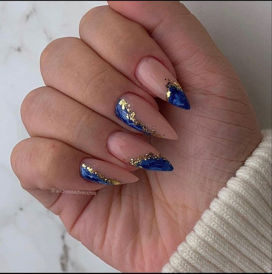 Matte Blue Marble Glitter Press on Fake Nails // tns165