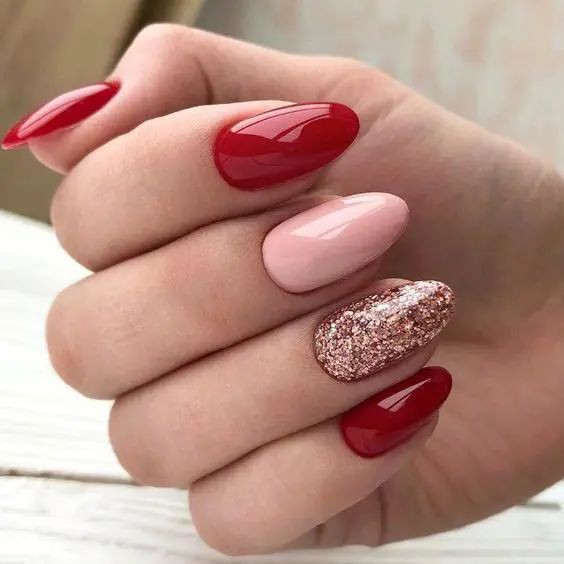 Glossy Red Nude Glitter Press on Fake Nails // tns452