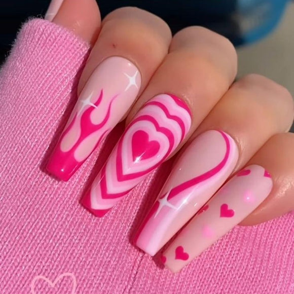 Glossy Light Pink Hearts Press on Fake Nails // tns651