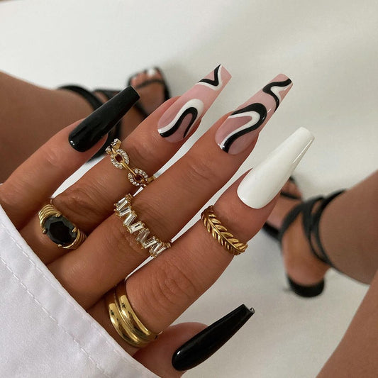 Glossy Black Glitter Swirls Press on Fake Nails // tns182