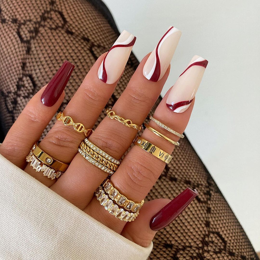 Glossy Maroon Swirls Press on Fake Nails // tns189