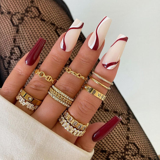 Glossy Maroon Swirls Press on Fake Nails // tns189