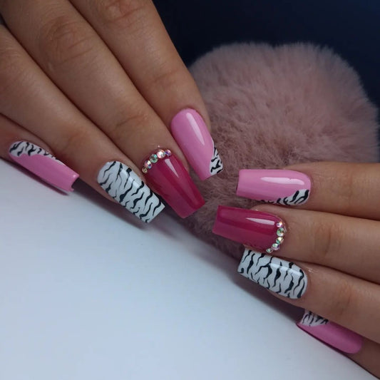 Glossy Pink Studded Printed Press on Fake Nails // tns488