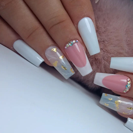 Glossy White French Studded Press on Fake Nails // tns479