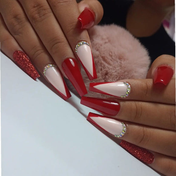 Glossy Red Studded French Press on Fake Nails // tns494