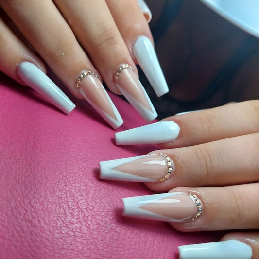 Glossy White Studded French Press on Fake Nails // tns500