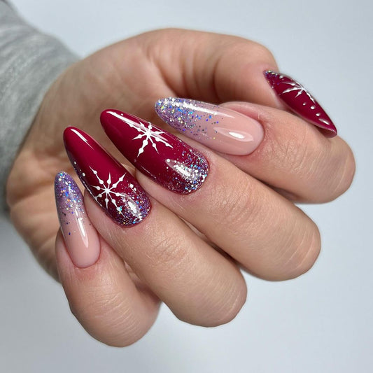 Glossy Maroon Snowflakes Press on Fake Nails // tns475