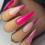 Glossy Pink French Glitter Press on Fake Nails // tns486