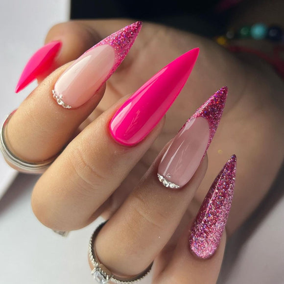 Glossy Pink French Glitter Press on Fake Nails // tns486